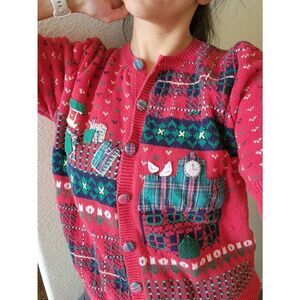 Susan Bristol womens vintage 90s ugly red button sweater cardigan L hand embroid